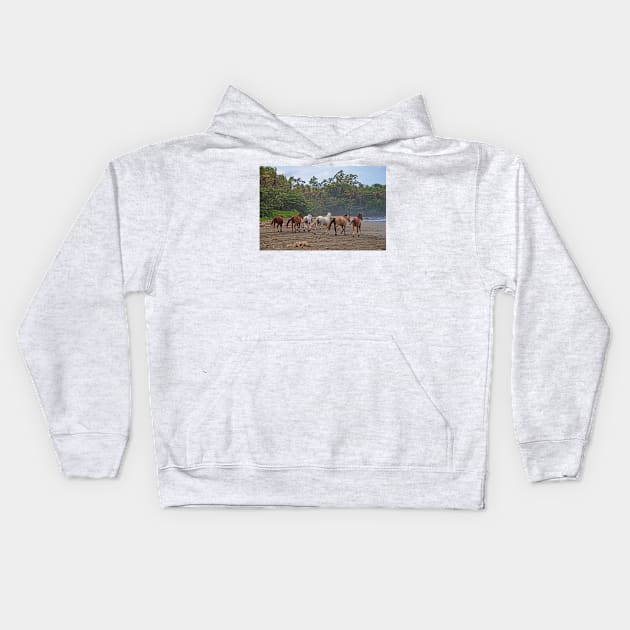 Costa Rica. Town of Cahuita. Horses on the Beach. Kids Hoodie by vadim19